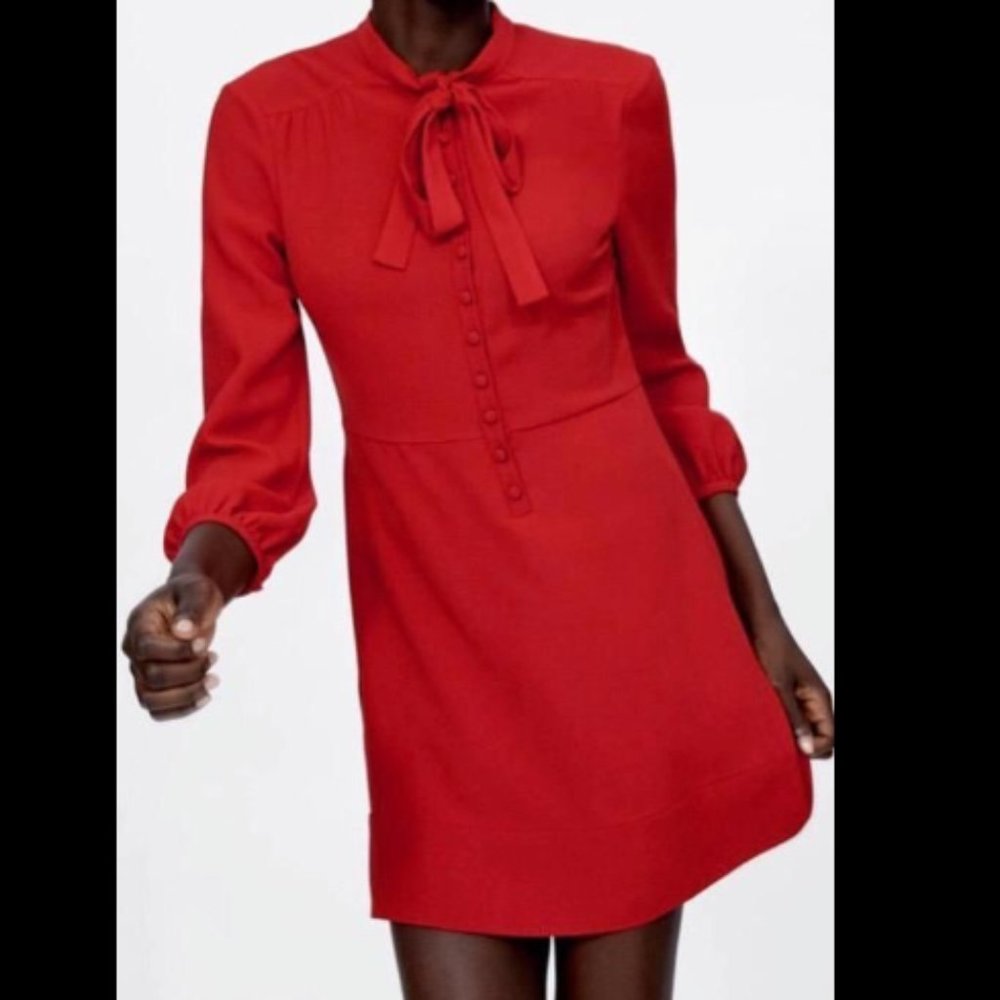 ZARA WOMEN Mini Dress With Bow RED Long Sleeve Size L